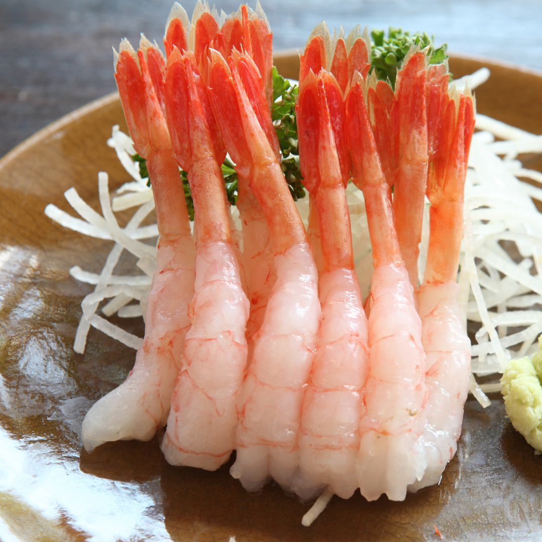 A row of Ebi Botan shrimps served as sashimi on a plate with shredded daikon and green garnish.