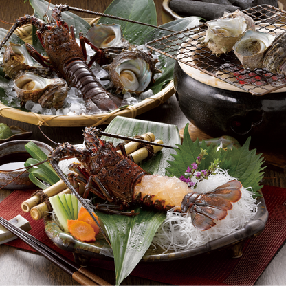 A luxurious seafood platter featuring Japanese spiny lobster served as sashimi, surrounded by fresh vegetables and shells, highlighting its culinary versatility and fine dining presentation.