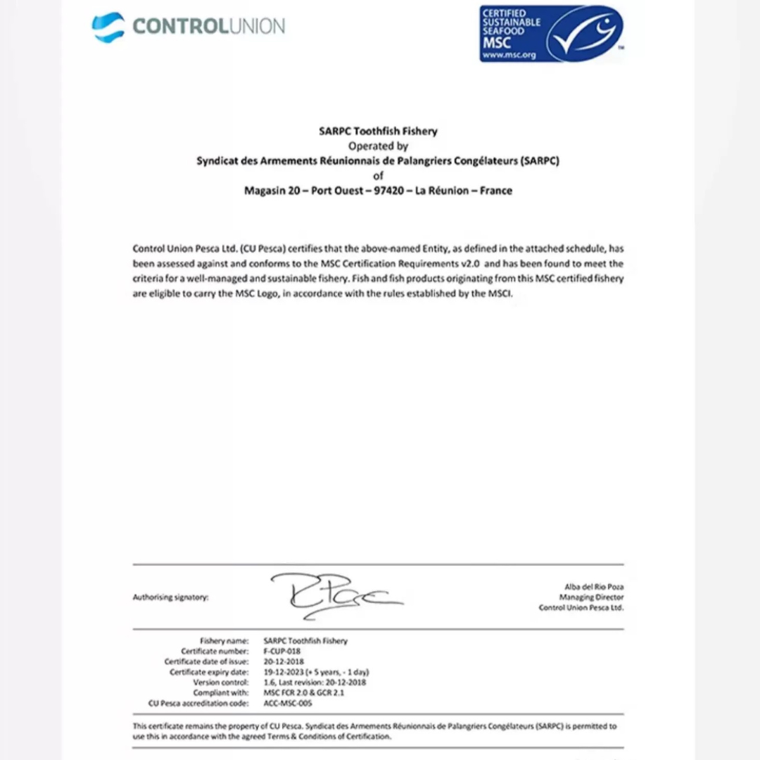 MSC certificate for SAPRC Toothfish Fishery, issued by Control Union Pesca, indicating compliance with sustainable fishing standards.