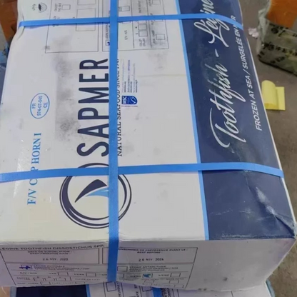 Sapmer Patagonian Toothfish packaging box, sealed with blue straps, labeled with 'Frozen at Sea' for freshness.
