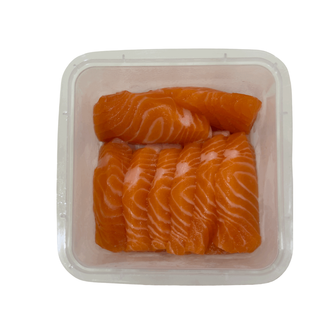 fresh salmon back loin sashimi with visible marbling, arranged in a clear plastic tray for retail and wholesale 