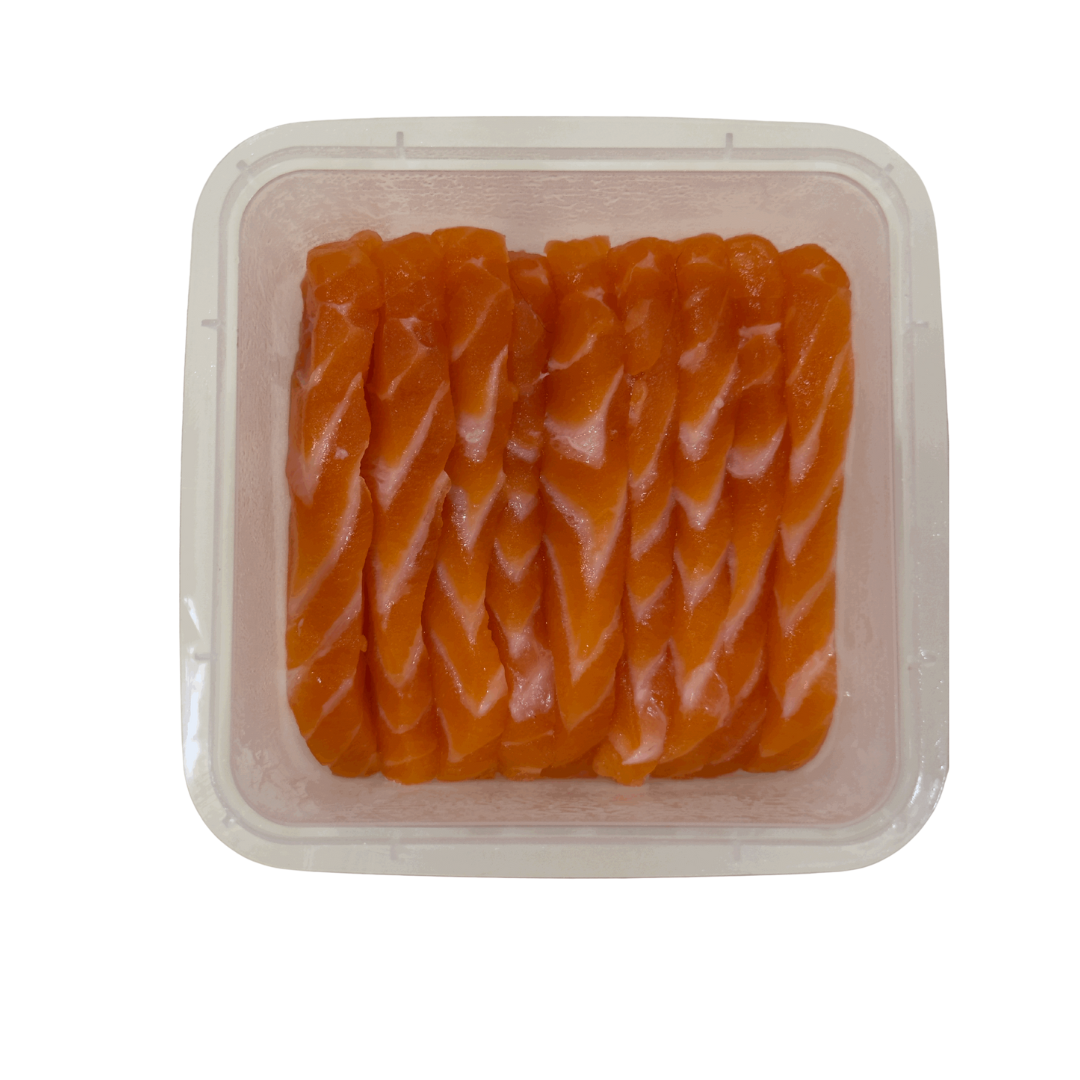 atlantic salmon harasu/ belly sashimi in a clear plastic tray.